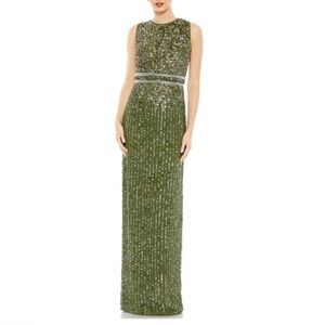 Mac Duggal Sequined High Neck Sleeveless Column Gown 93603 Olive Green Dress